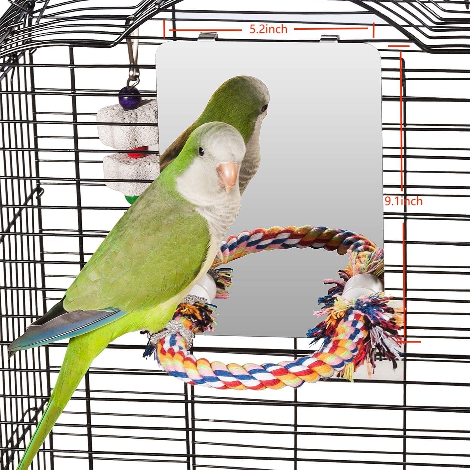 7 Inch Stainless Steel Bird Mirror with Rope Perch, Bird Toys Swing