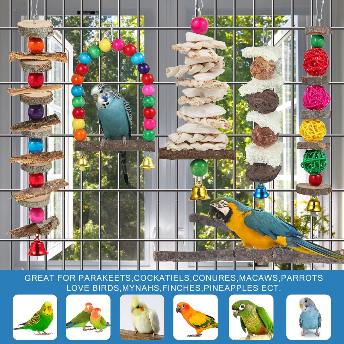 Bird Perch & Toys - 6 Pack Accessories, Wooden Chew Toys & Perch Stand for Parakeet, Conure, Cockatiel, Lovebird, Parrotlet, Budgie, Finches & Other Small to Medium Sized Birds