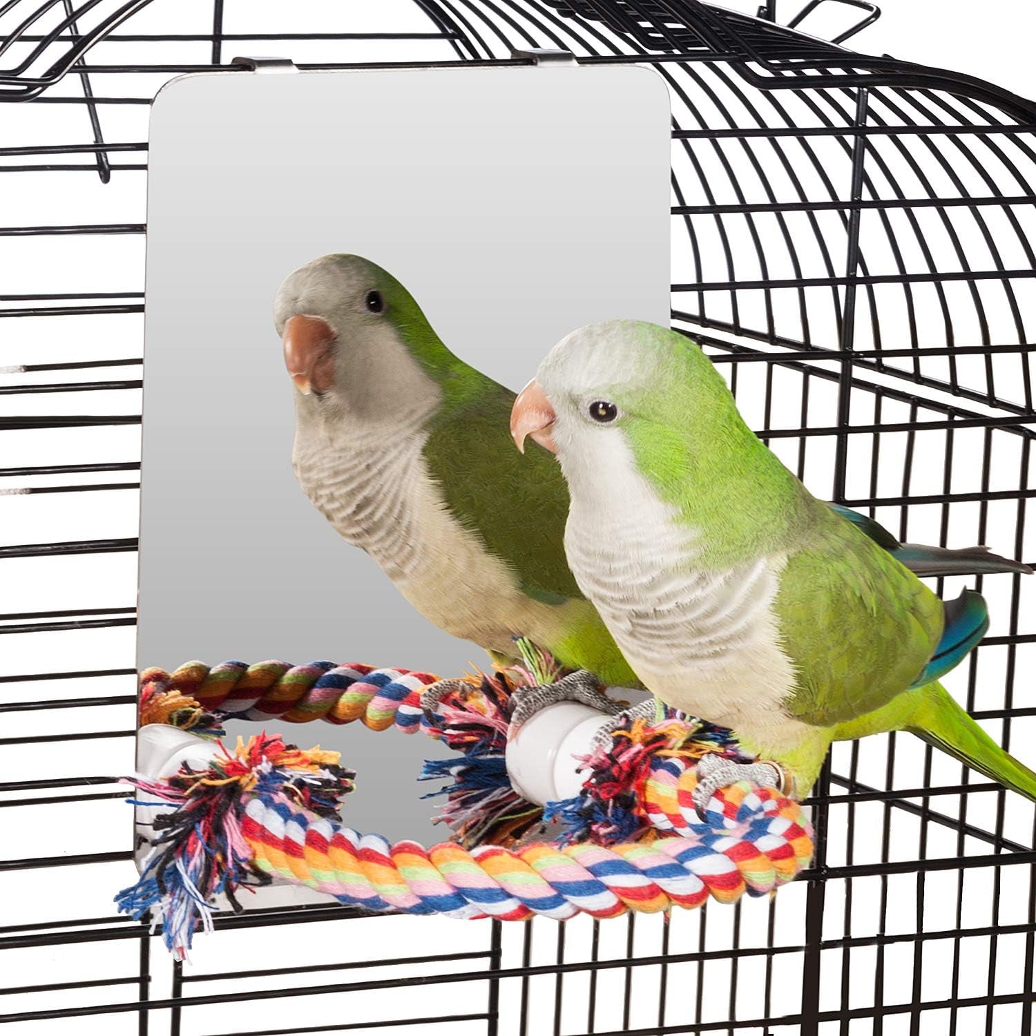 7 Inch Stainless Steel Bird Mirror with Rope Perch, Bird Toys Swing
