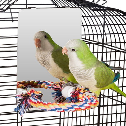 7 Inch Stainless Steel Bird Mirror with Rope Perch, Bird Toys Swing