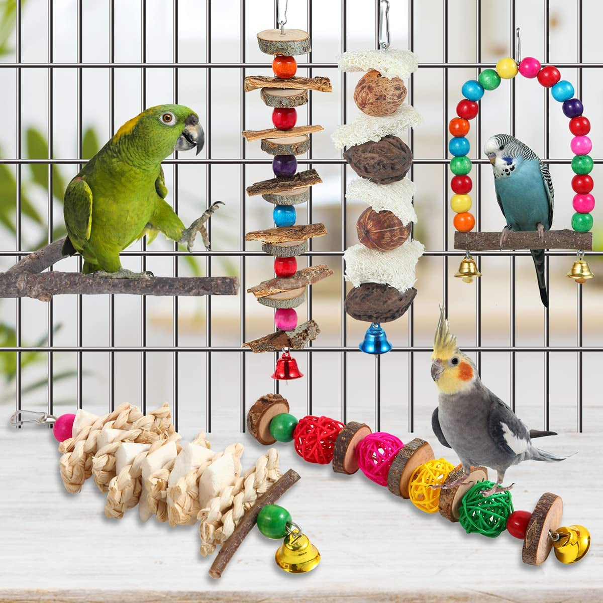 Bird Perch & Toys - 6 Pack Accessories, Wooden Chew Toys & Perch Stand for Parakeet, Conure, Cockatiel, Lovebird, Parrotlet, Budgie, Finches & Other Small to Medium Sized Birds