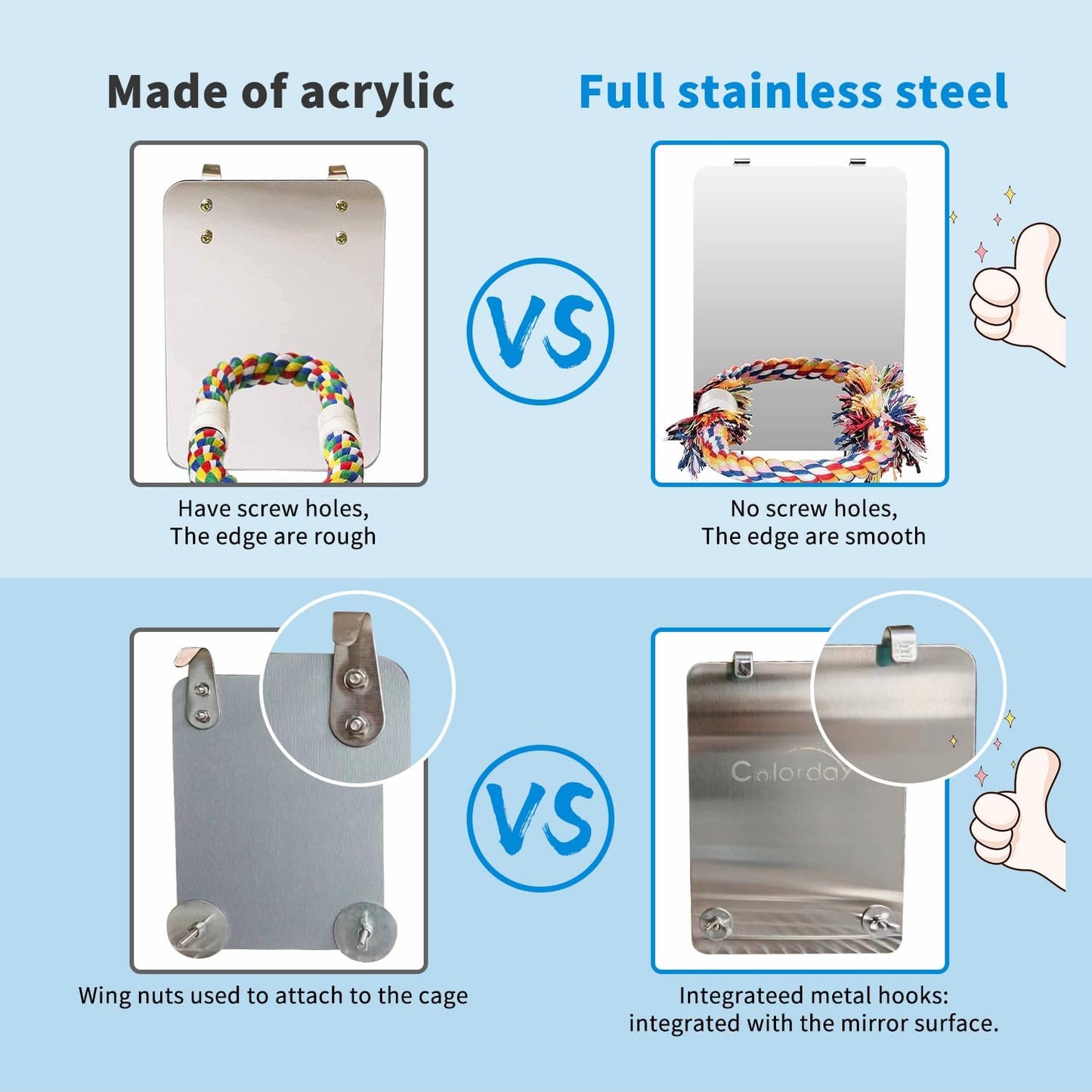 7 Inch Stainless Steel Bird Mirror with Rope Perch, Bird Toys Swing